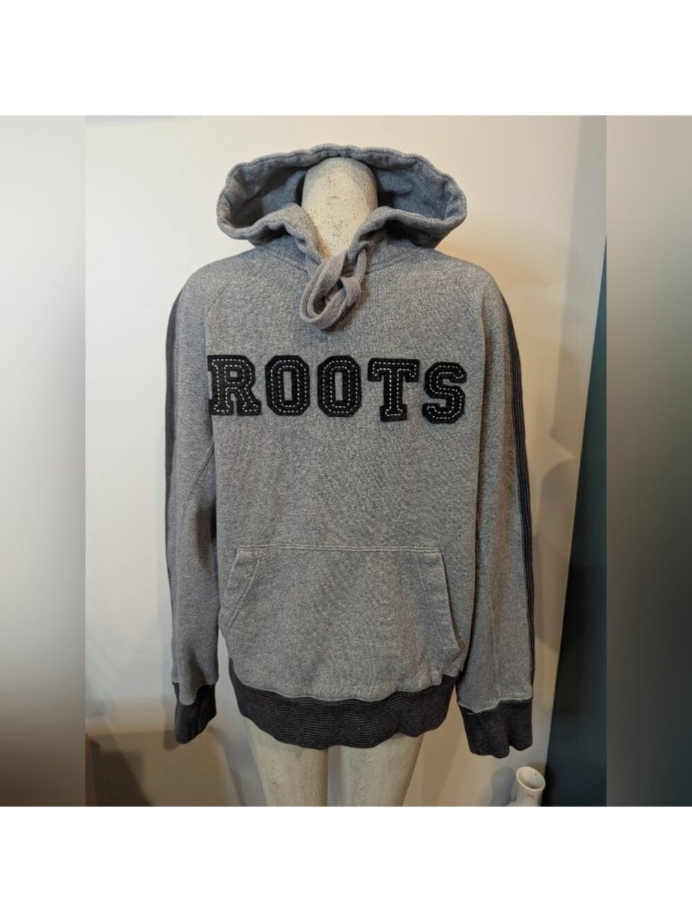 Roots Sweatshirt Hoodie With Hood Gray & Black Unisex Large